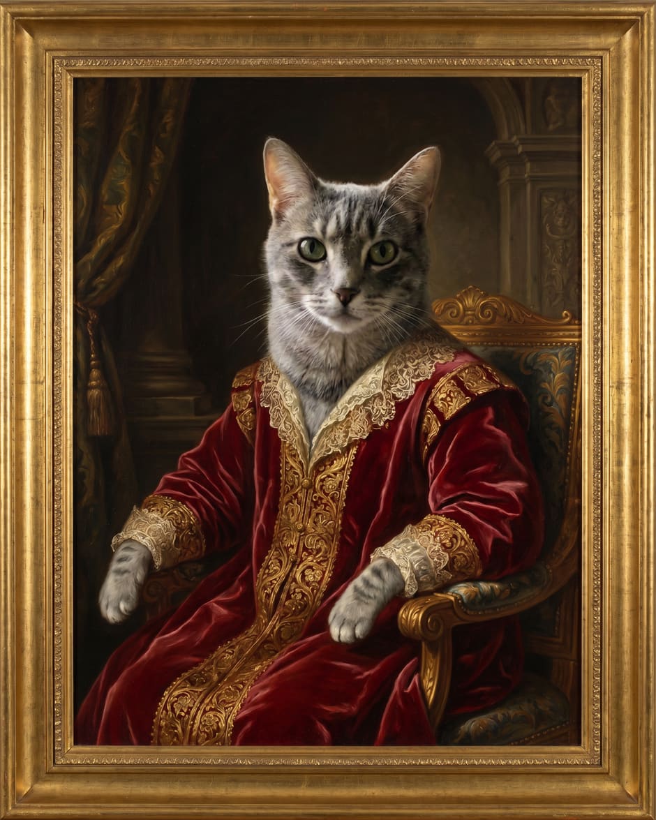 The same grey tabby as a royal Renaissance-style portrait in red velvet