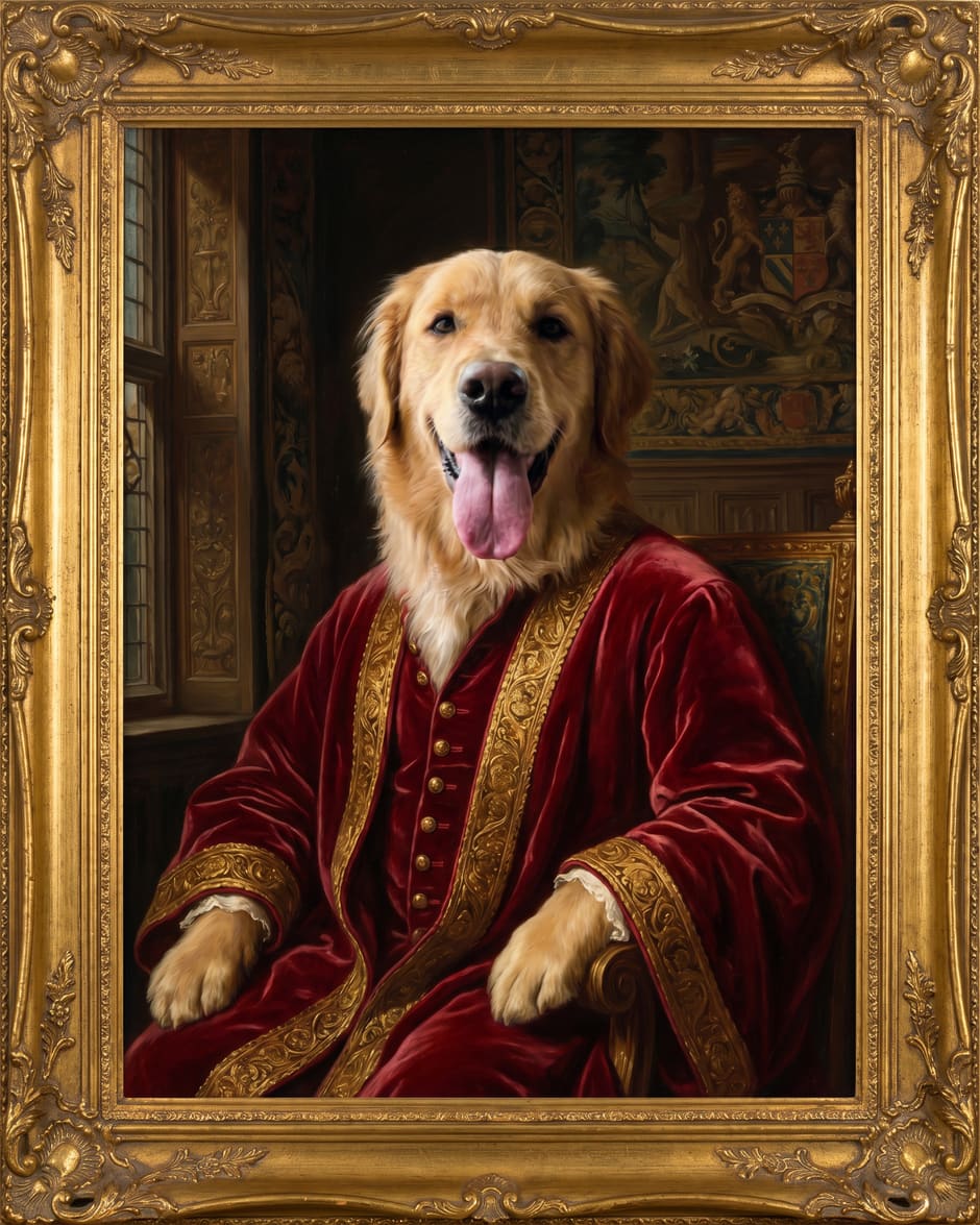 A golden retriever painted as Renaissance nobility in red velvet and gold, framed