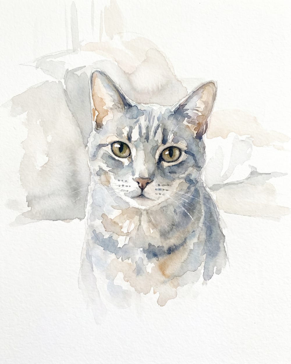 A grey tabby cat painted in a soft, luminous watercolor style